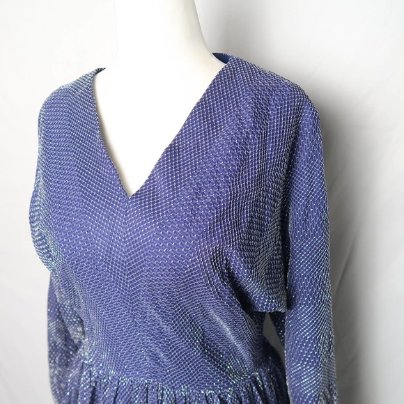 Vintage 70s navy blue and metallic silver chainmail aline midi party dress M - Picture 2 of 6